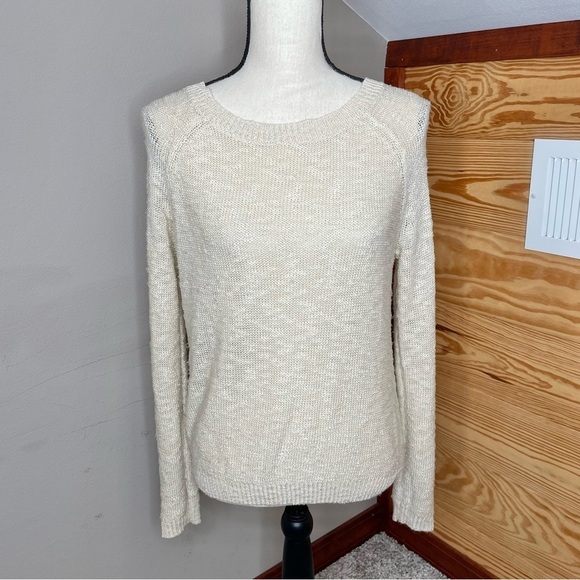 Forever 21 Keyhole Open Back Long Sleeve Sheer Knit Sweater in Cream Tan Small - Picture 1 of 8